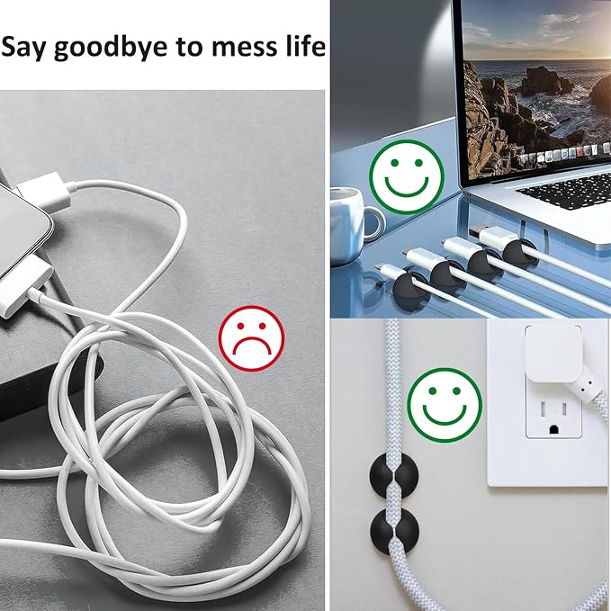 Cord Holder Cable Clips, 12PCS Black Self-Adhesive Wire Management Keeper Cord Organizer Charger Holder for Desktop USB Charging Cable Nightstand Power Cord Mouse Cable Wire PC Office Home (Black)