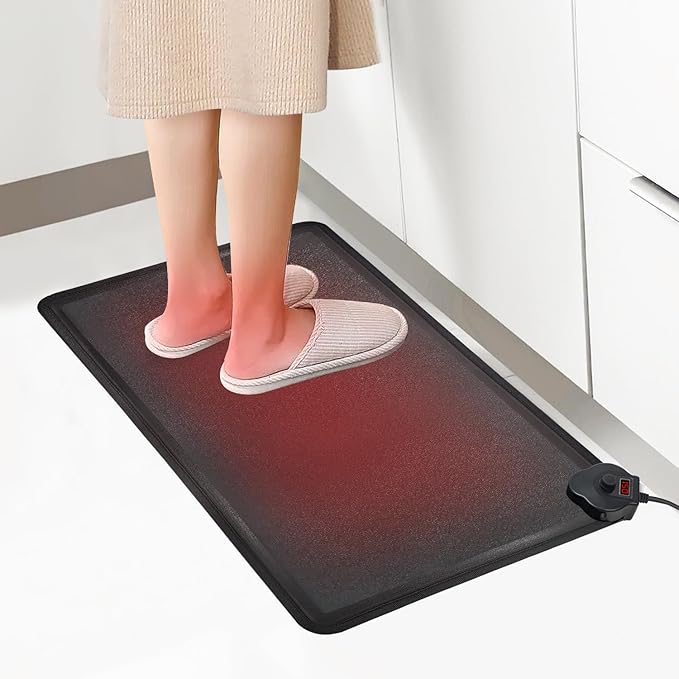 Heated Anti Fatigue Mat - Warming Comfort & Durable Standing Mat at Home, Kitchen, Office, Heating Standing All Day Non Slip Floor Mats for Winter - Easy to Clean, Waterproof - Black