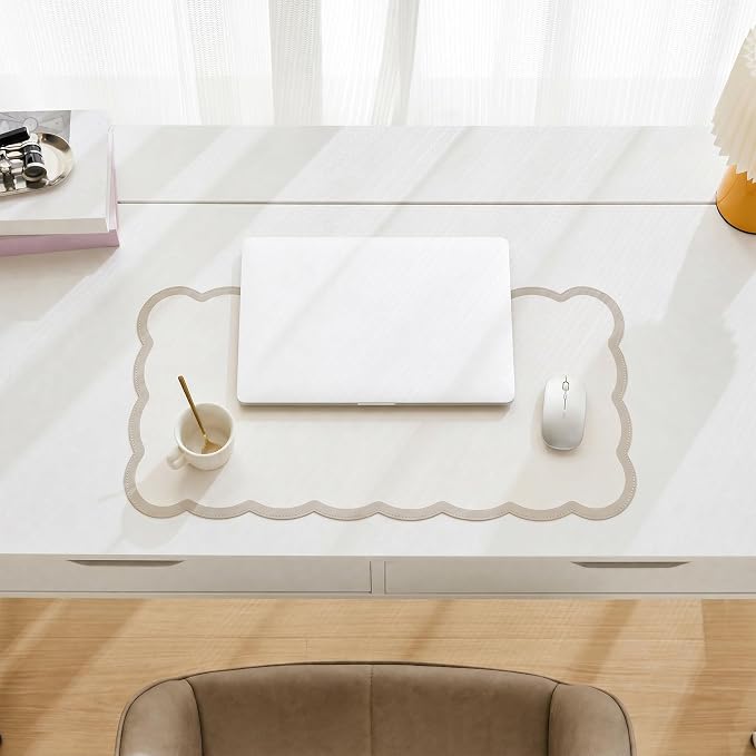 Scalloped Desk Mat, 23.6" x 11.8" Cute Small Beige Sand Aesthetic Desk Accessories, PU Leather Computer Laptop Desk Mouse Keyboard Pad, Desk Writing Mat for Vanity/Work/Home Decor