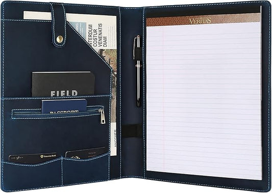 Personalized Leather Portfolio for Men, Engraved Leather Clipboard Portfolio Binder, Custom Resume Padfolio for Women, Christmas Gift for His/Her (Notepad, Blue-Custom)