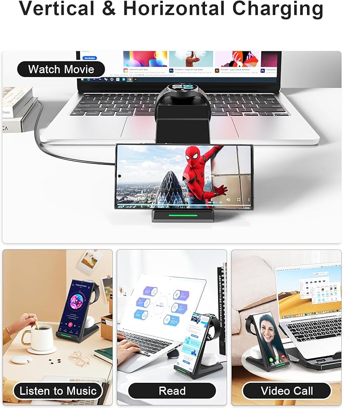 Wireless Charger for Samsung, ADADPU 3 in 1 Charging Station for Multi Devices Fast Charger Stand Dock for Galaxy S25 S24 S23 S22 S21,Galaxy Watch 7/6/5/4/3/Pro,Galaxy Buds(with 5ft Cable & Adapter)