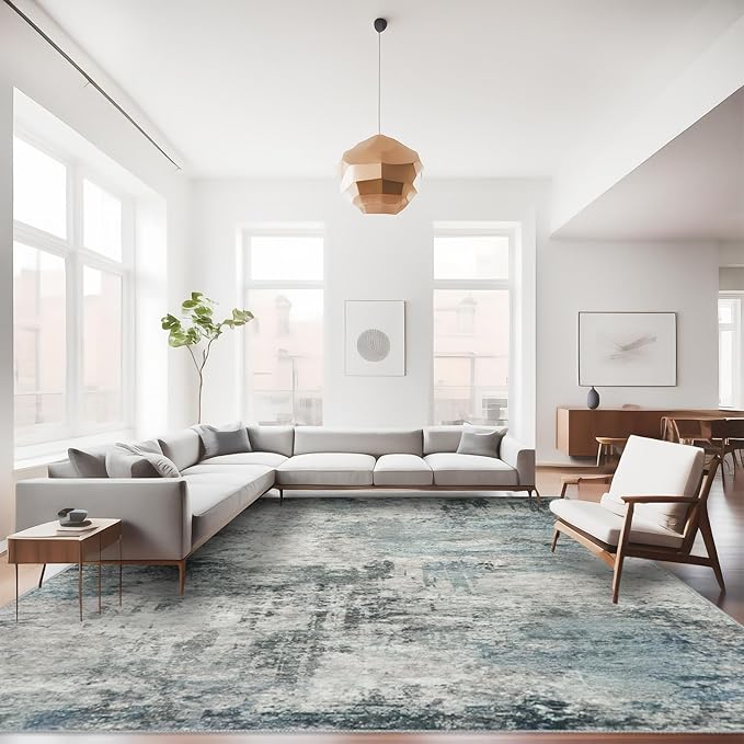 9x12 Area Rug for Living Room: Abstract Washable Stain Resistant Non-Slip Carpet for Bedroom - Large Waterproof Non-Shedding Coastal Dining Room Rug for Under Table - Boho Decor (9X12 Blue)