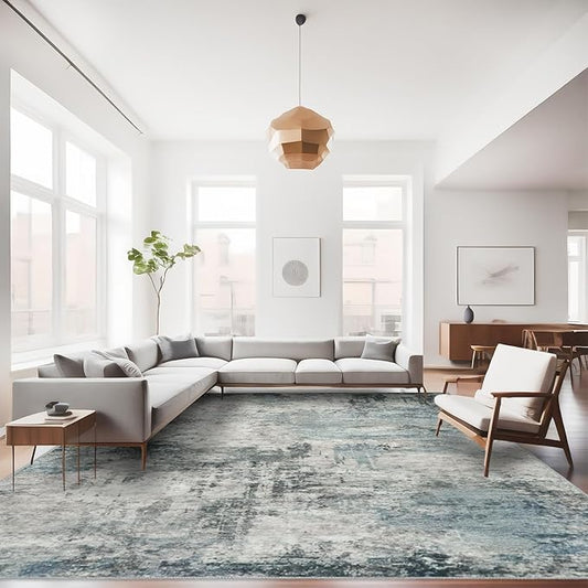 9x12 Area Rug for Living Room: Abstract Washable Stain Resistant Non-Slip Carpet for Bedroom - Large Waterproof Non-Shedding Coastal Dining Room Rug for Under Table - Boho Decor (9X12 Blue)