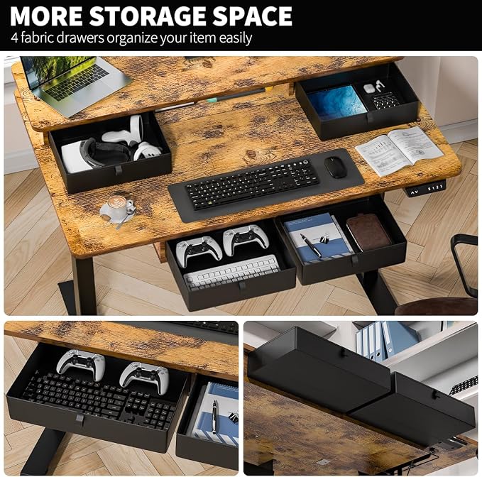 Kingant Electric Standing Desk with 4 Drawers,USB Charging Ports 48"x 30" | Ergonomic Height Adjustable Large Workstation, Heavy-Duty Sit Stand Up Desk For Home Office Daily Work,Rustic Brown
