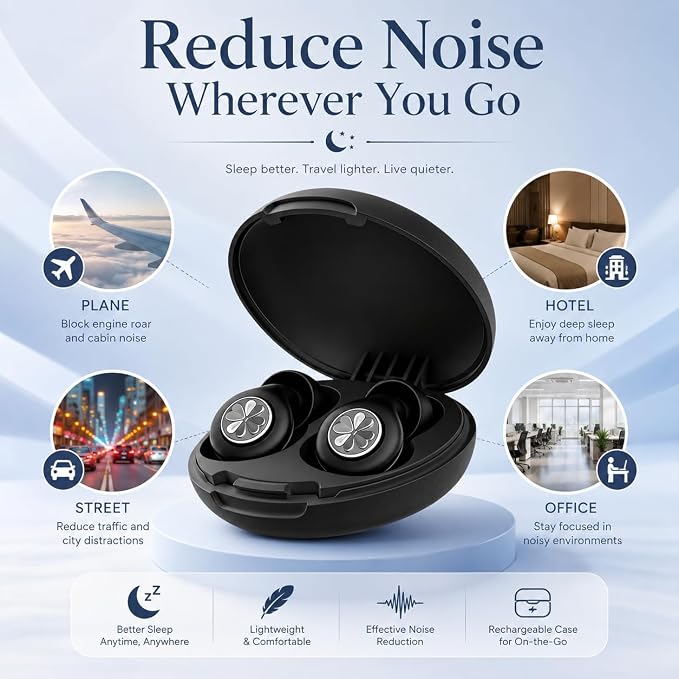 45dB Ear Plugs for Sleeping, Soft Silicone for Side Sleepers, 4 Sizes | Reusable soft silicone with XS/S/M/L sizes for side sleepers, concerts, flights and hotels; carrying case included.