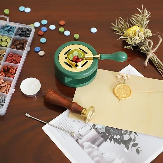 Green Wax Seal Warmer Furnace Kit Melting Furnace Tool Sealing Seal Stamp Warmer Stand with Spoon & Stir Stick and Tealight Candles Set for Wedding Wax Envelope Seal Stamp (Dark Green)