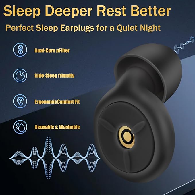 Ear Plugs for Sleeping Noise Cancelling, Dual-Core Filter, Reusable Hearing Protection – Up to 48dB Noise Reduction, Flexible Silicone – Ideal for Sleep, Focus, (Black, One Size)