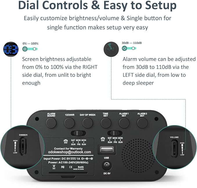 Odokee Digital Dual Alarm Clock for Bedroom with 0-100% Dimmable Display | Easy to Set Alarm Clock with Weekday/Weekend Mode - Loud Alarm for Heavy Sleepers with 5 Sounds Adjustable Volume - Blue