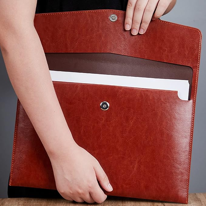 VANRA File Folder Organizer PU Leather File Jackets Document Holder Project Pockets with Magnetic Closure Button and Inner Bag for A4 Letter Size Paper (Brown)