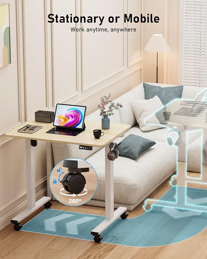 32" Small Rolling Electric Standing Desk Adjustable Height for Home Office | Mobile Sit Stand up Desk with Lockable Casters for Computer Workstation, Memory Preset, 2 Hooks, White Frame/LightWalnut Top