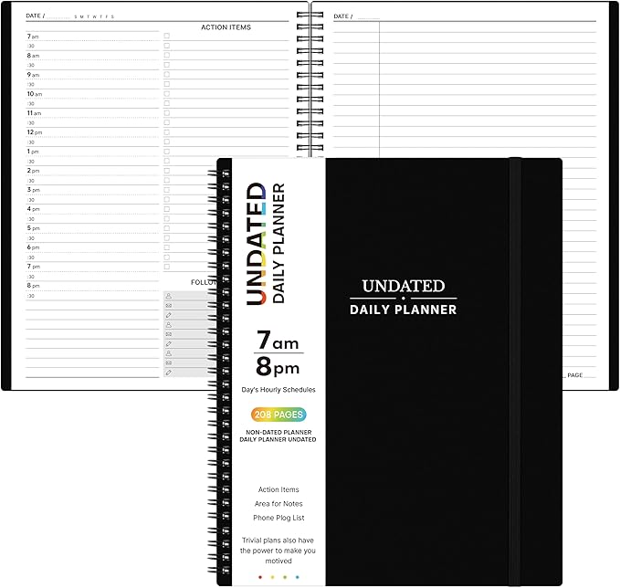 Daily Planner Undated - Spiral Appointment Planners, 208 Pages, 8.8" x 11", Daily Planner with Hourly Schedules, Appointment Book for Man/Women, Inner Pocket, Elastic Closure