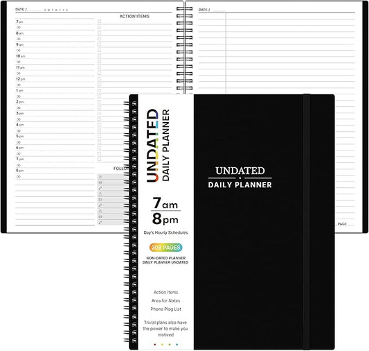Daily Planner Undated - Spiral Appointment Planners, 208 Pages, 8.8" x 11", Daily Planner with Hourly Schedules, Appointment Book for Man/Women, Inner Pocket, Elastic Closure