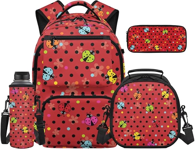 WELLFLYHOM 4 PCS Colorful Polka Dot Ladybug Backpack for Girls Ages 8-12 | 4-Piece Primary School Set With Lunch Box, Pencil Case and Water Bottle Sleeve for Young Girls, Kids Back to School Supplies