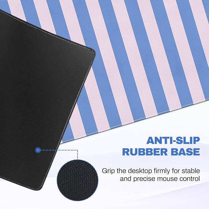 Leather Desk Pad Protector, Striped Mouse Pad, Blue Pink Office Desk Mat, Non-Slip PU Leather Desk Blotter,Laptop Desktop Pad Waterproof Desk Writing Pad for Office Home