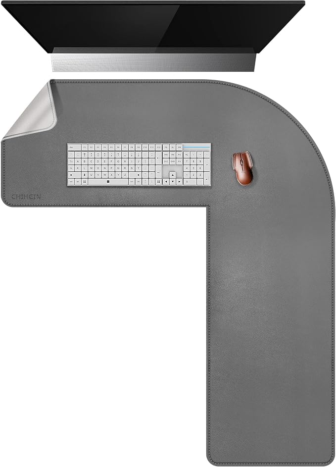 Chihein L-Shaped Desk Pad, Corner Desk Mat (37.4”+ 49.2”) x 12.99”, Computer Office Mouse pad Writing Table Pad for Home Office - Gray/White