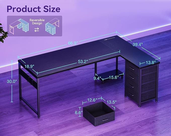 AODK 67" L Shaped Gaming Desk with 4 Drawers and Power Outlets, Black | USB Ports, PC Tower Stand, Hooks, Reversible Corner Layout for Gaming Rooms, Bedrooms and Home Office