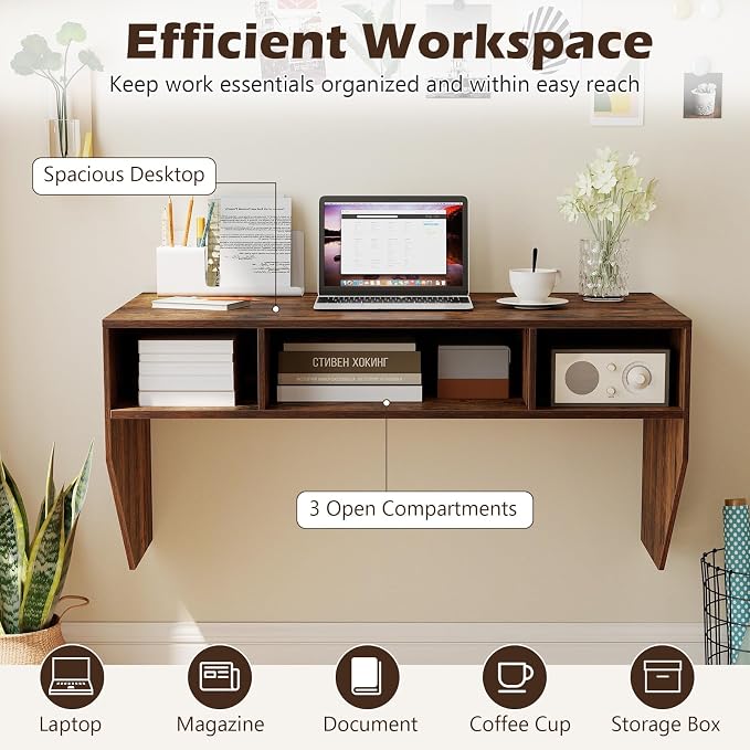 GOFLAME Wall-Mounted Computer Desk, Floating Study Table with Spacious Tabletop and 3 Open Compartments, Home Office Working Desk, PC Laptop Workstation, Vanity Table for Makeup Room (Rustic Brown)