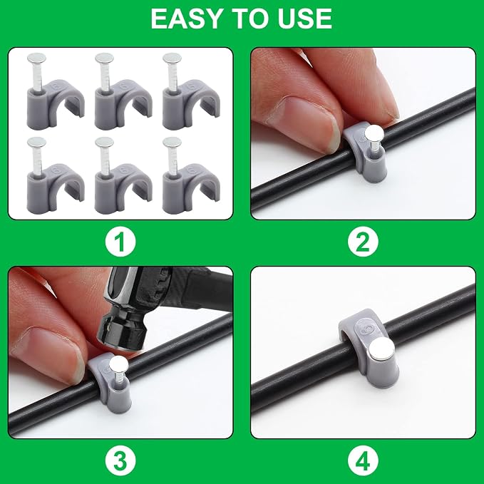 1/4" / 6mm Half Clamp J-Hook Cable Clips with Nail, Gray, 200pcs | Nail in Cable Clips, Ethernet Cable Nails Tacks Clips