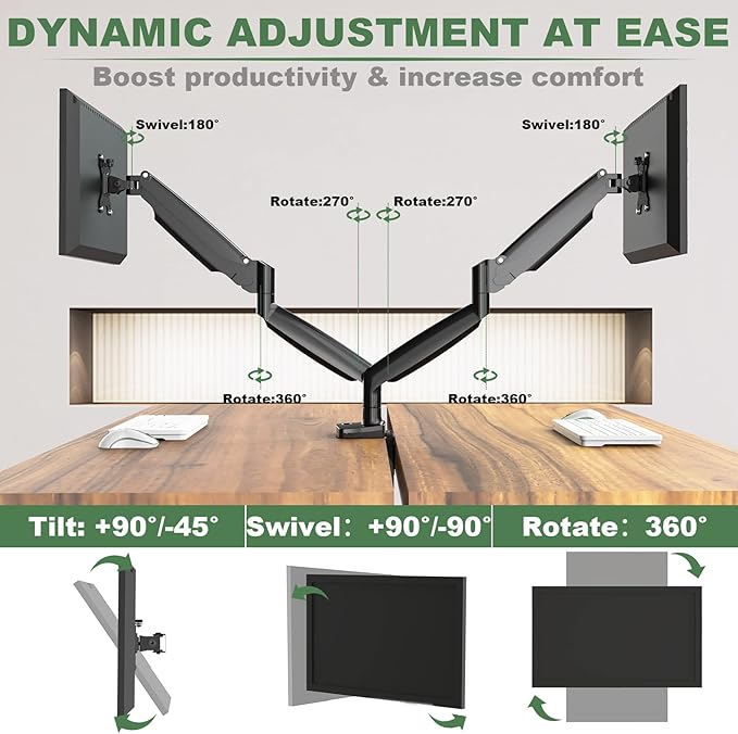 Dual Monitor Mount, Dual Monitor Desk Mount for Two Ultrawide 22"-34" Flat/Curved Computer Screens, Fully Adjustable Gas Spring Double Monitor Stand Arms Hold 26.5lbs, VESA 75x75/100x100mm