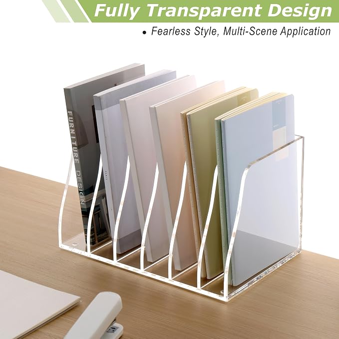 SANRUI Acrylic Desk File Organizer, Clear Magazine File Holder 6 Slot | Vertical Workspace Sorters, Folder Rack for Office Accessories Organization Storage
