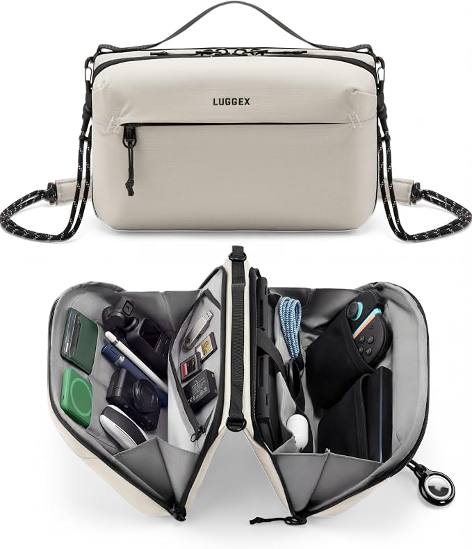 LUGGEX Large Travel Tech Pouch, Cable Organizer Bag with Removable Crossbody Strap, Dual Accessories Bag & Water Resistant for Kindle, Chargers, Cord, Earphone for Travel Office, Beige CBX01