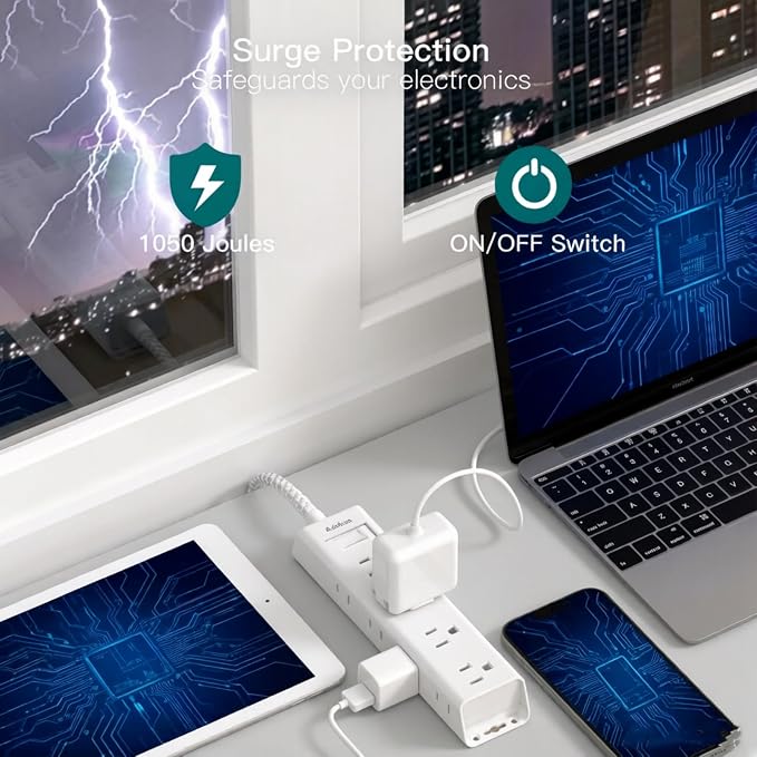 Addtam White Braided Power Strip Surge Protector with 12 Outlets, Flat Plug 6FT Extension Cord, 3-Side Wide Spaced Outlet Extender, Wall Mount Desk Charging Station for Home Office Garage