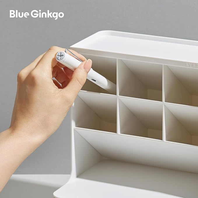 BLUE GINKGO Hive Pen Desk Organizer, White, Made in Kore | 6 Compartments. Full Drawer. Everyday Storage.