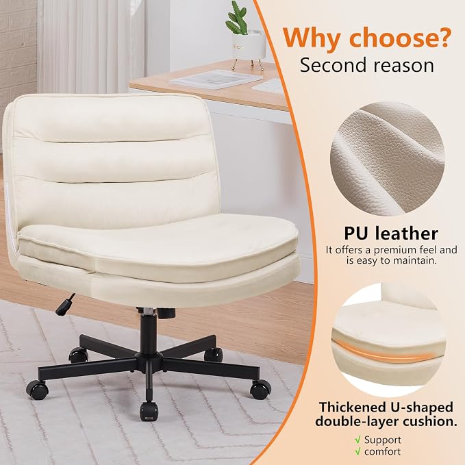 COMHOMA Criss Cross Chair with Wheels Armless Cross Legged Office Chair Wide Home Office Desk Chair Swivel Comfy Vanity Desk Chair Height Adjustable Mid Back Wide Seat Computer Task Chair