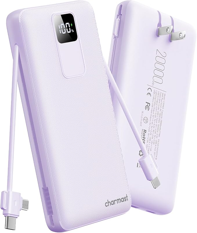 charmast Portable Charger with Built-in Wall Plug and Cables, 20000mAh Power Bank Travel Essentials, 20W Fast Charging Battery Pack Compatible with iPhone 17/16/15/14/13/12/11, Samsung, Android