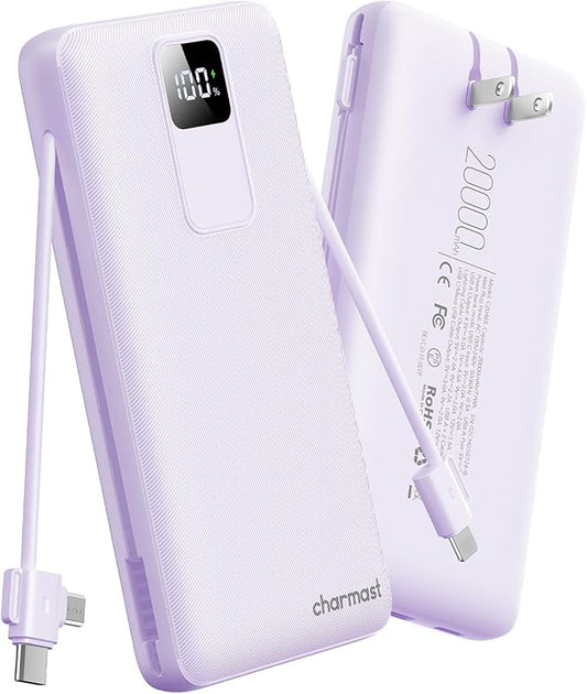 charmast Portable Charger with Built-in Wall Plug and Cables, 20000mAh Power Bank Travel Essentials, 20W Fast Charging Battery Pack Compatible with iPhone 17/16/15/14/13/12/11, Samsung, Android