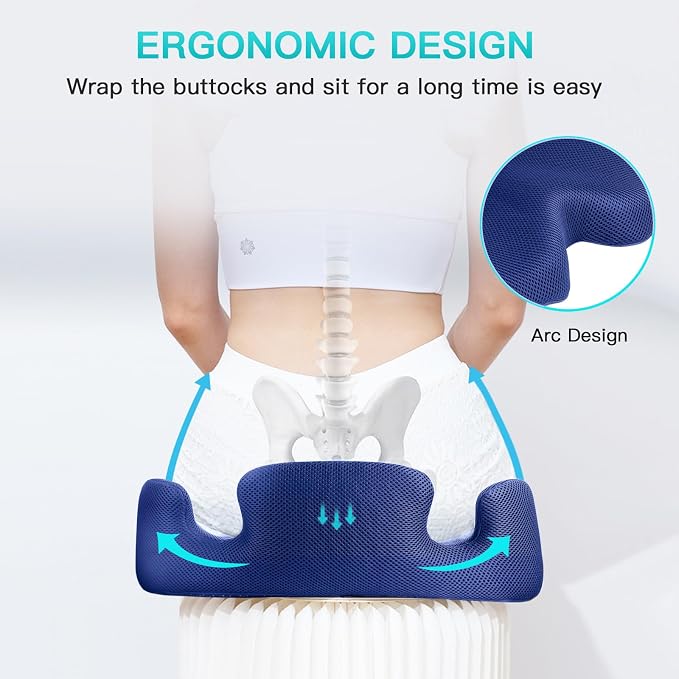 Benazcap X Large Memory Seat Cushion, Sciatica Pain Relief, Blue | Ergonomic design, Office Chair, Memory Foam Firm for Car, Wheelchair, Gaming Chair and Desk Chair
