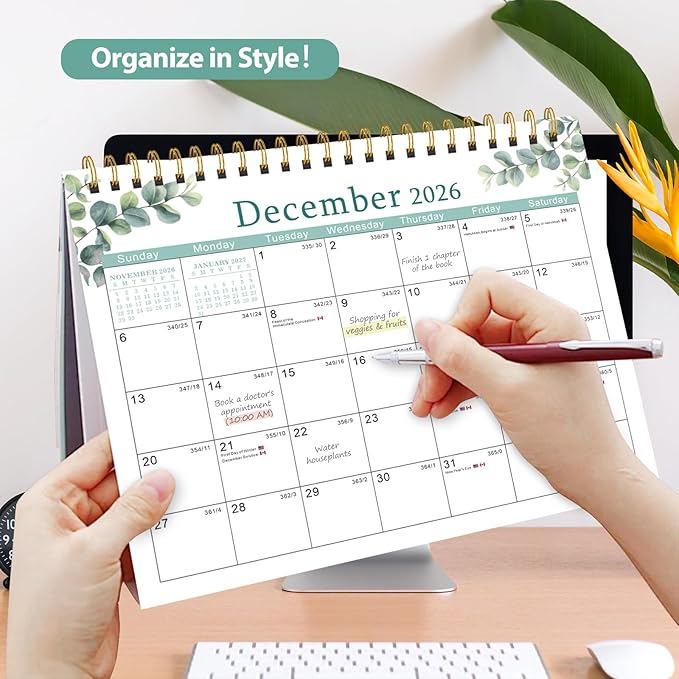 Desk Calendar 2026, Desktop Calendar 2026 Standing Flip Cover 12 Month(January - December), Small Desk Planner with Stickers & Notes for Office Accessories and Home School Supplies, Leaf