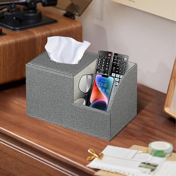 PU Leather Square Tissue Box Cover,Multi-Functional Tissue Cube Box Holder | Facial Tissue Box Cover with Storage,Tissue and Remote Control Holder,Cube Tissue Box Organizer Bedroom,Nightstand,End Table