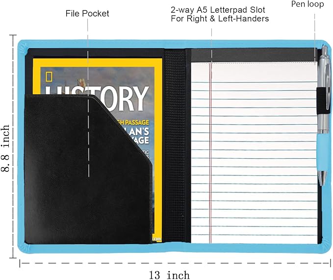 Padfolio/Portfolio Binder, Mini Padfolio Portfolio Binder 5 x 8 Legal Writing Pad, A5 Document Organizer Folder for Men Women, Light Blue