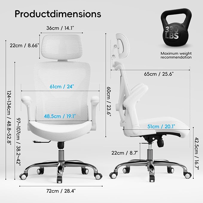 Ergalithic Office Home Ergonomic Desk Chair-Computer X-Shaped Chair Mesh PU Leather with Adjustable Lumbar Support-Executive Chair High Back with Headrest Flip-Up Arms for Long Hours (White)