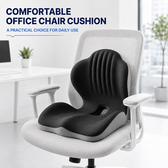 Ergonomic Memory Foam Seat Cushion with Back Support, Office Chair Cushion | L-Shaped Integrated Design with Lumbar Support and Tailbone Cutout for Office, Car, Home Chairs (Large Comfort - Black)