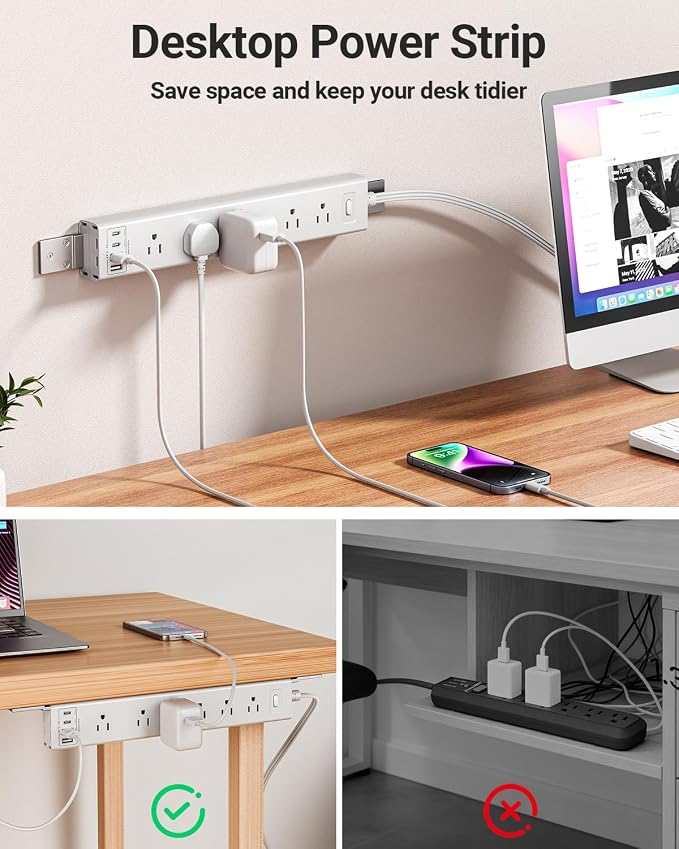 360° Mountable Surge Protector Power Strip with 4 USB Ports (2 USB C), 6 FT Electrical Outlet & Flat Plug Extension Cord for Under Desk, Wall, or Corner Mount (White)