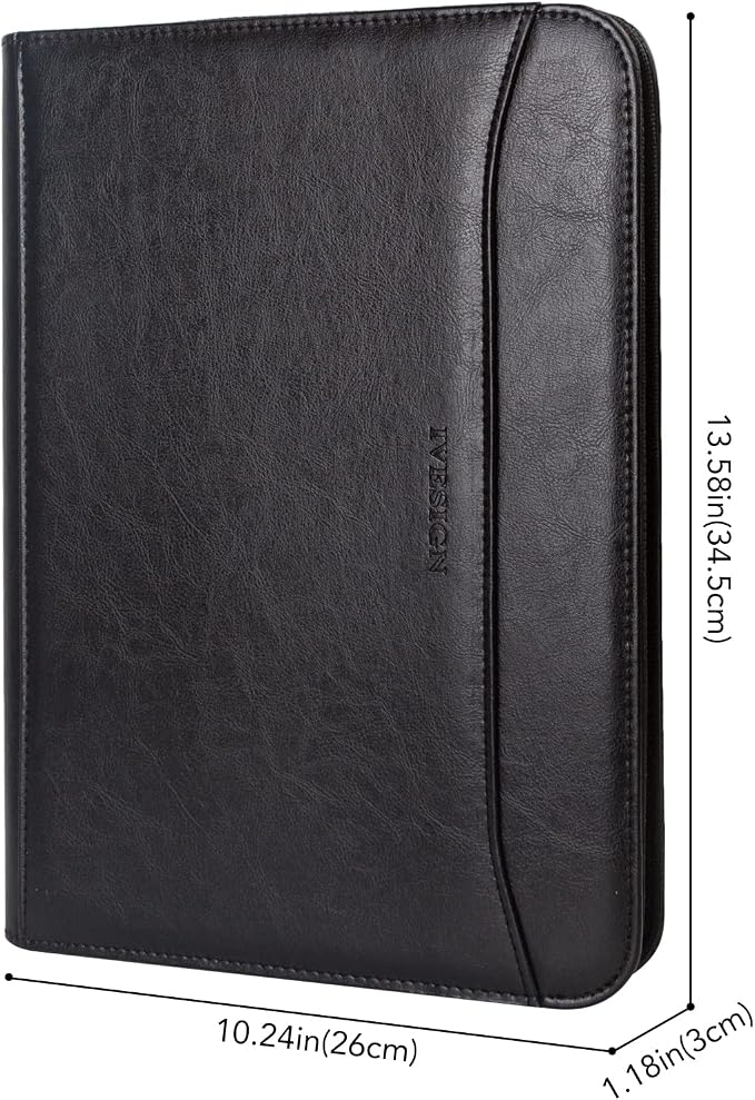 Zippered Padfolio for Women & Men Resume Portfolio Folder Vegan Leather Salesman Business Organizer Planner,with Writing Pad Interior 10.1 Inch Tablet Sleeve Black