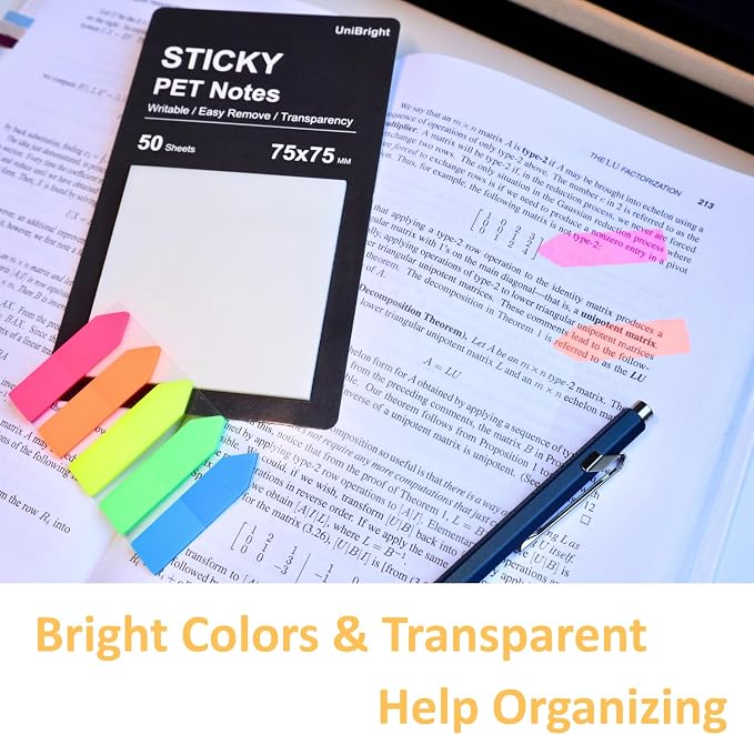 UniBright 175 pcs Arrow Page Tabs & 3x3 Inch Transparent Sticky Notes, Sticky Tabs for Books, Bible & Notebooks, Writable Repositionable Page Markers, Office, School, Home Use