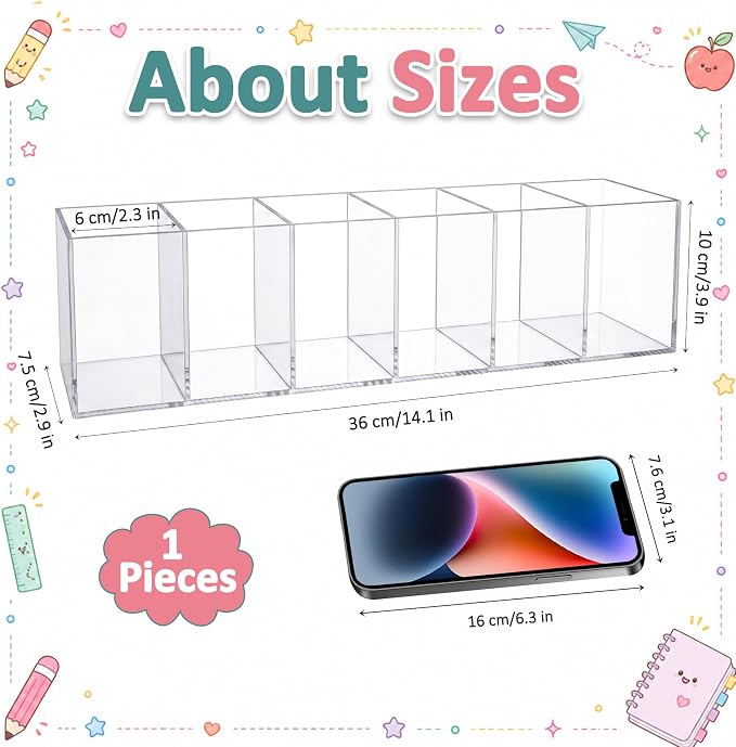 Mototo Acrylic Pen Holder Back to School 6 Compartments Pencil Organizer | Clear Pencil Cup Desktop Caddy Makeup Brush Storage Solution for Cosmetic Office Bathroom Kitchen Home Coffee Bar Container