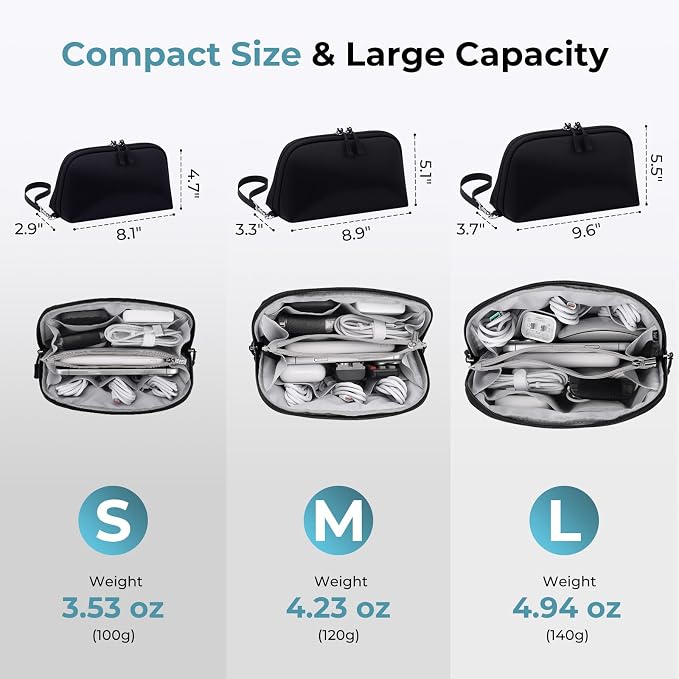 FYY Travel Cable Organizer - 8 Compartments Lightweight Water Resistant Tech Pouch with Wrist Strap, Portable Electronic Accessories Case for Cord Charger Storage for Travel Home Office, Black (Small)