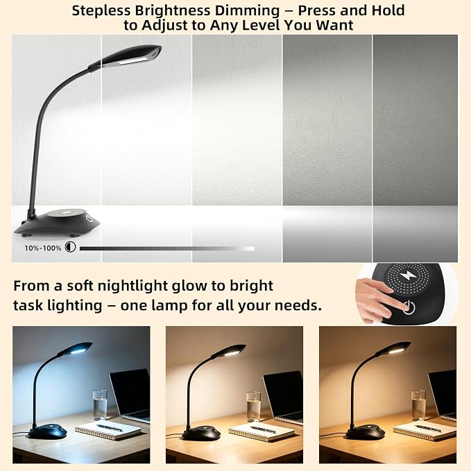 Desk Lamp for Home Office Compatible with MagSafe Wireless Fast Charging, Dimmable 3 Color Modes, 600LM, CRI 85, Adjustable Neck Study Lamps for College Dorm Room, Adapter Not Included, Black