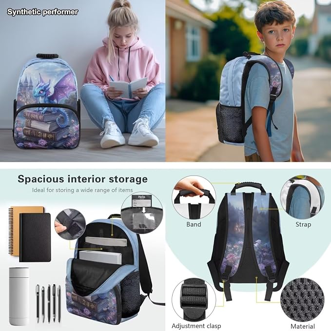 Kawaii Dragon Girls School Backpack Set 4 PCS, 17 Inch Cute Cartoon Dragon Bookbag with Lunch Bag for Elementary Kids Ages 6-8 Back to School, Book Lover