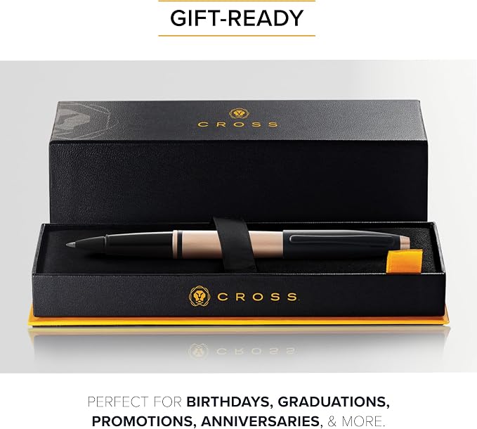 Cross Calais Brushed Rose Gold Plate and Black Lacquer Rollerball Pen - High-End Pen for Everyday Use - Professional Desk Essential - Smooth Writing - Durable Construction - Black Ink