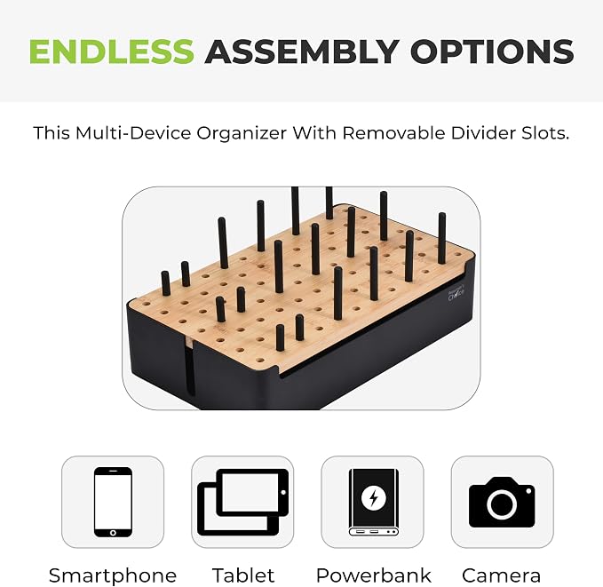Prosumer's Choice Natural Bamboo Charging Station Rack for Smartphones and Tablets (Metal & Bamboo, Black)