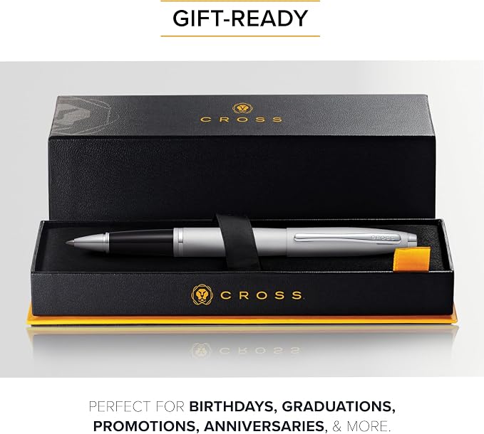 Cross Calais Satin Chrome Rollerball Pen - High-End Pen for Everyday Use - Professional Desk Essential - Smooth Writing - Durable Construction - Black Ink - Gift Box Included