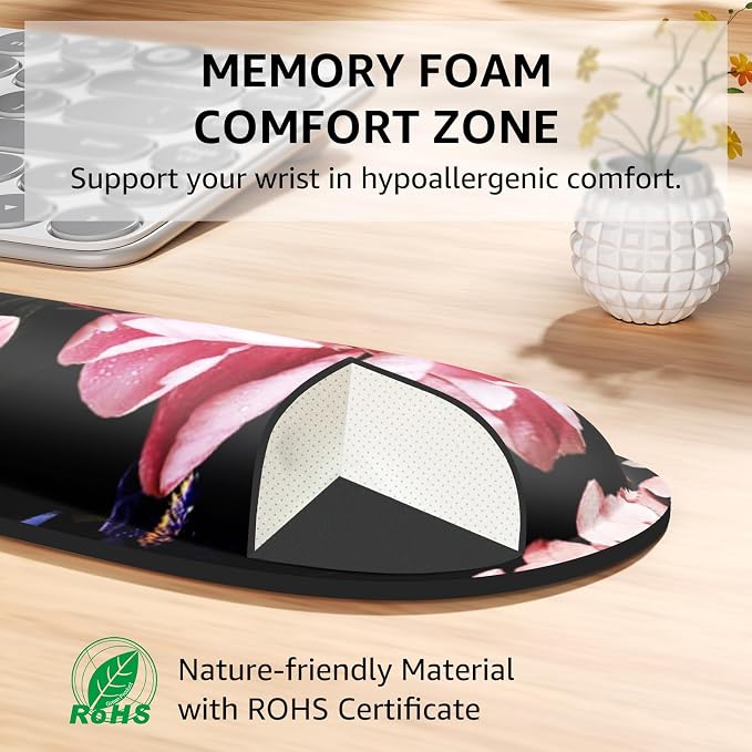 KTRIO Keyboard Wrist Rest & Mouse Pad with Wrist Rest Set, Peony Flower | Memory Foam Wrist Support, Ergonomic Design, Non-Slip Base, Office and Home Use
