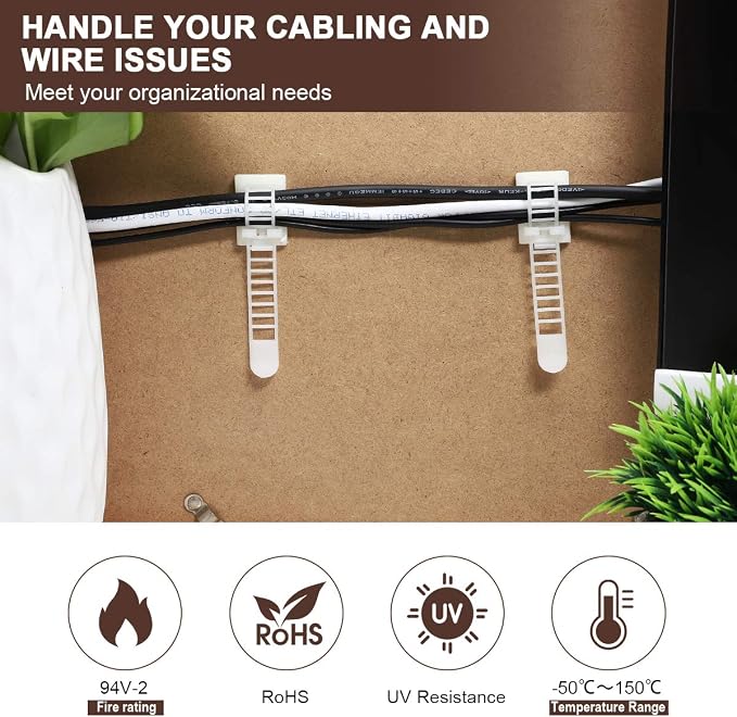 50Pcs Adhesive Cable Management Clips with 50Pcs Zip Ties, Adjustable Nylon Cable Strap Ties Wire Clips Clamps Organizer, Extra Screw & Hole - 3.55 Inch White