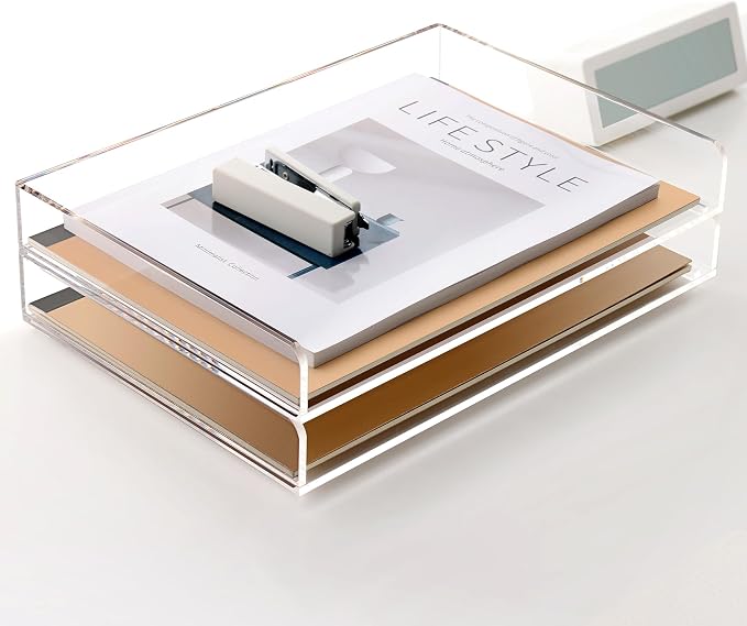 2 Pack- Stackable Paper Letter Tray, A4 File Tray Desk Organizer, Acrylic | Desk Organizers and Accessories Sorter ,Clear Workspace Office Supplies Organizers,12.4inx8.86inx3.46in