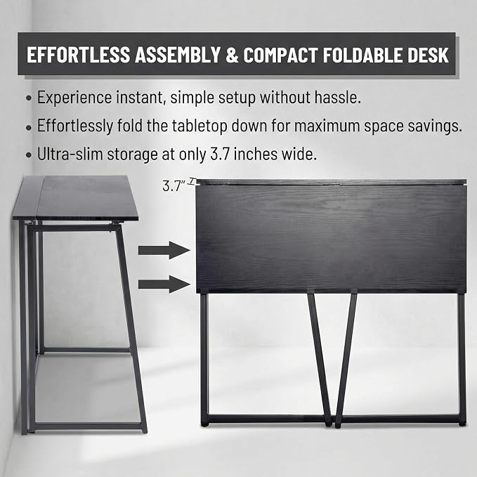 LeTinn 31.5” Folding Desk, Space Saving Small Computer Desk for Home Office - Portable Writing Workstation with Metal Frame, No Assembly, Compact for Apartments & Dorms, Black
